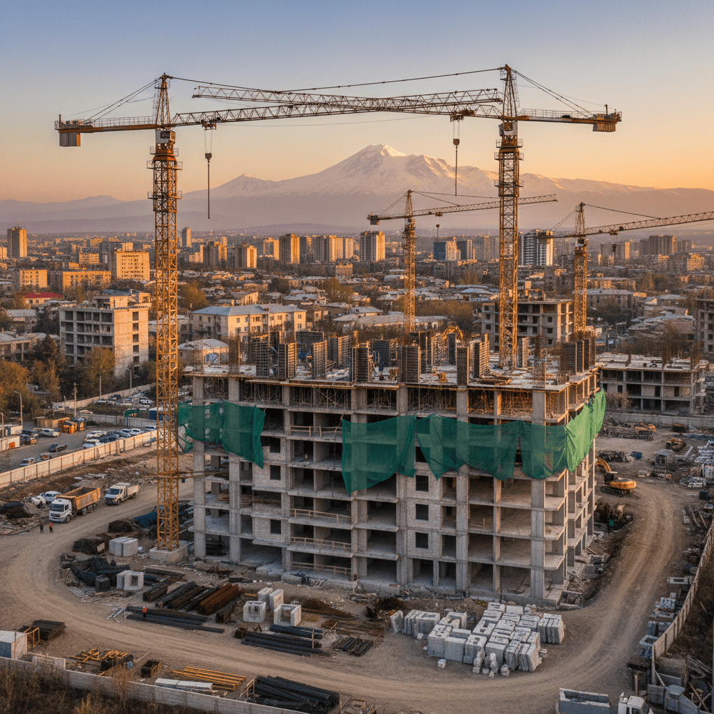 亚美尼亚的建筑工地,周围群山环绕,到处都是起重机和建筑材料。