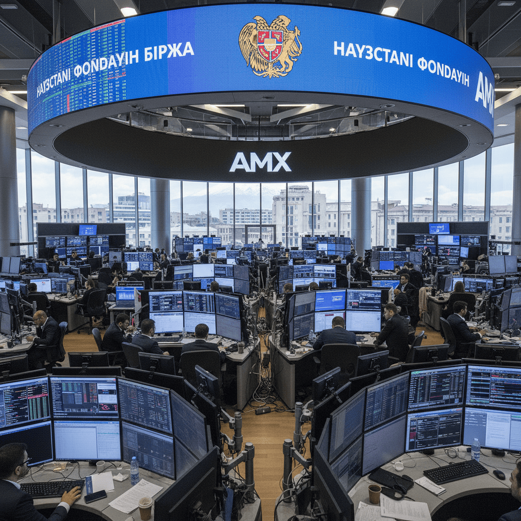 Comerciantes analizan datos en la Bolsa de Valores de Armenia, destacando la actividad financiera.
