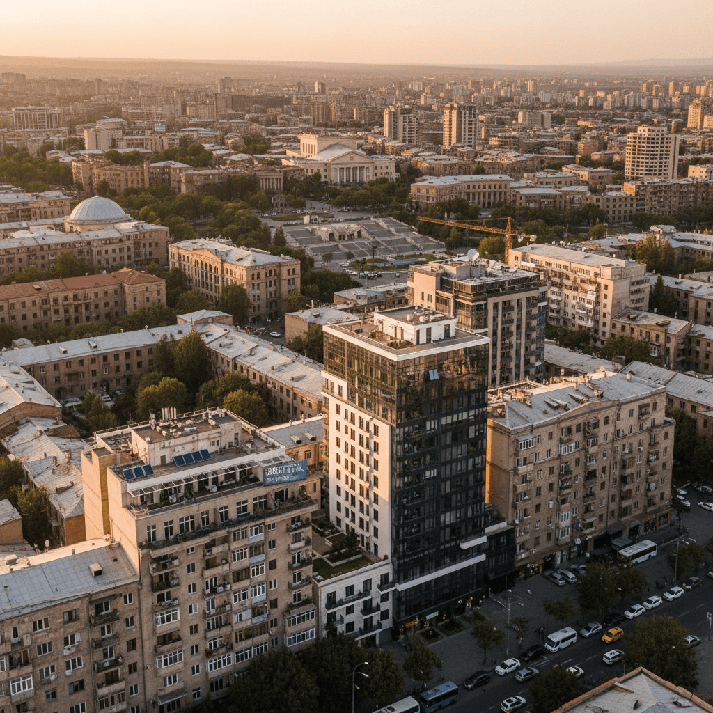 埃里温的鸟瞰图，展示了现代和历史建筑的融合。