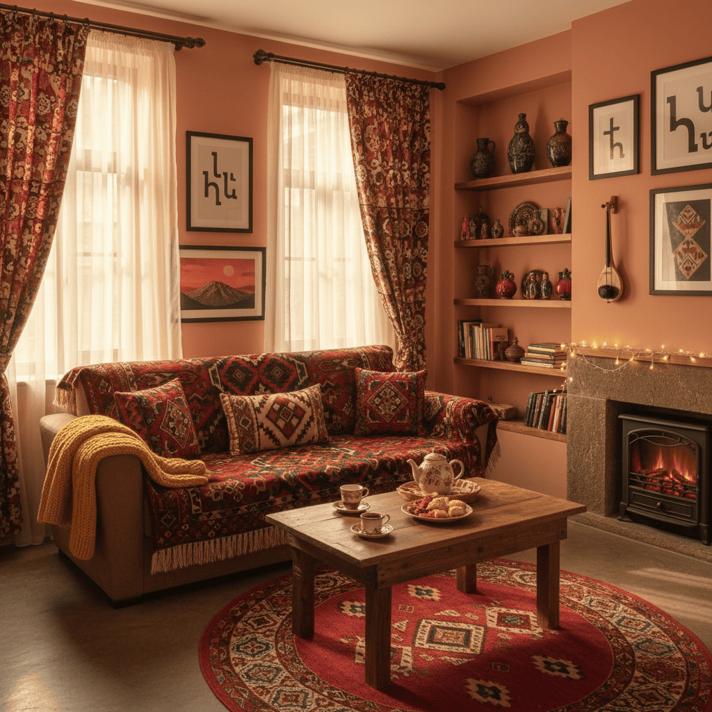 A well-decorated short-term rental space in Yerevan, Armenia featuring local accents.