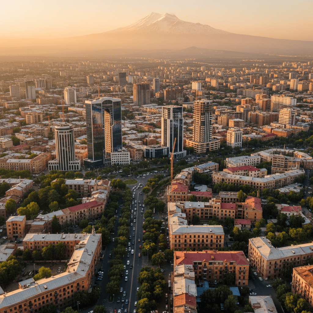 Вид с воздуха на Ереван: современные и исторические здания, представляющие инвестиционный ландшафт Армении.