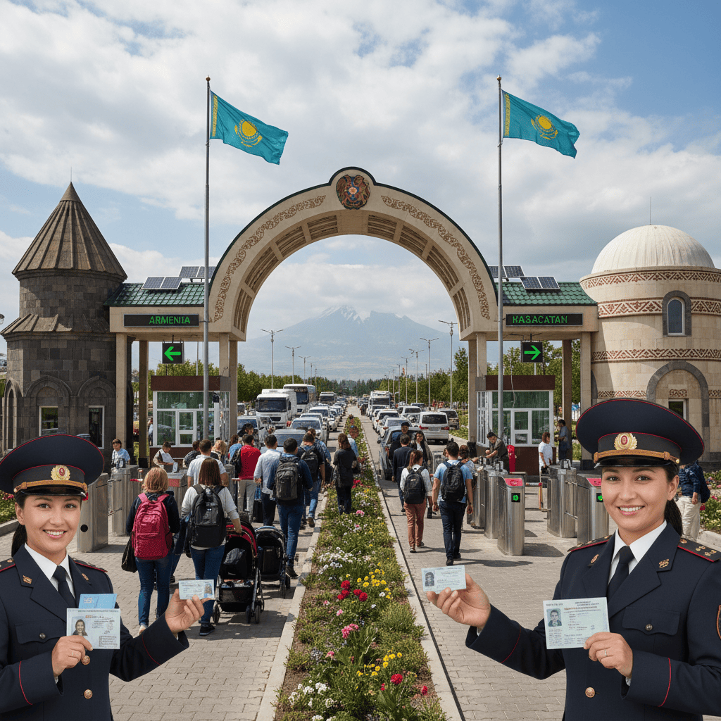 Border crossing point between Armenia and Kazakhstan with travelers and customs officers.