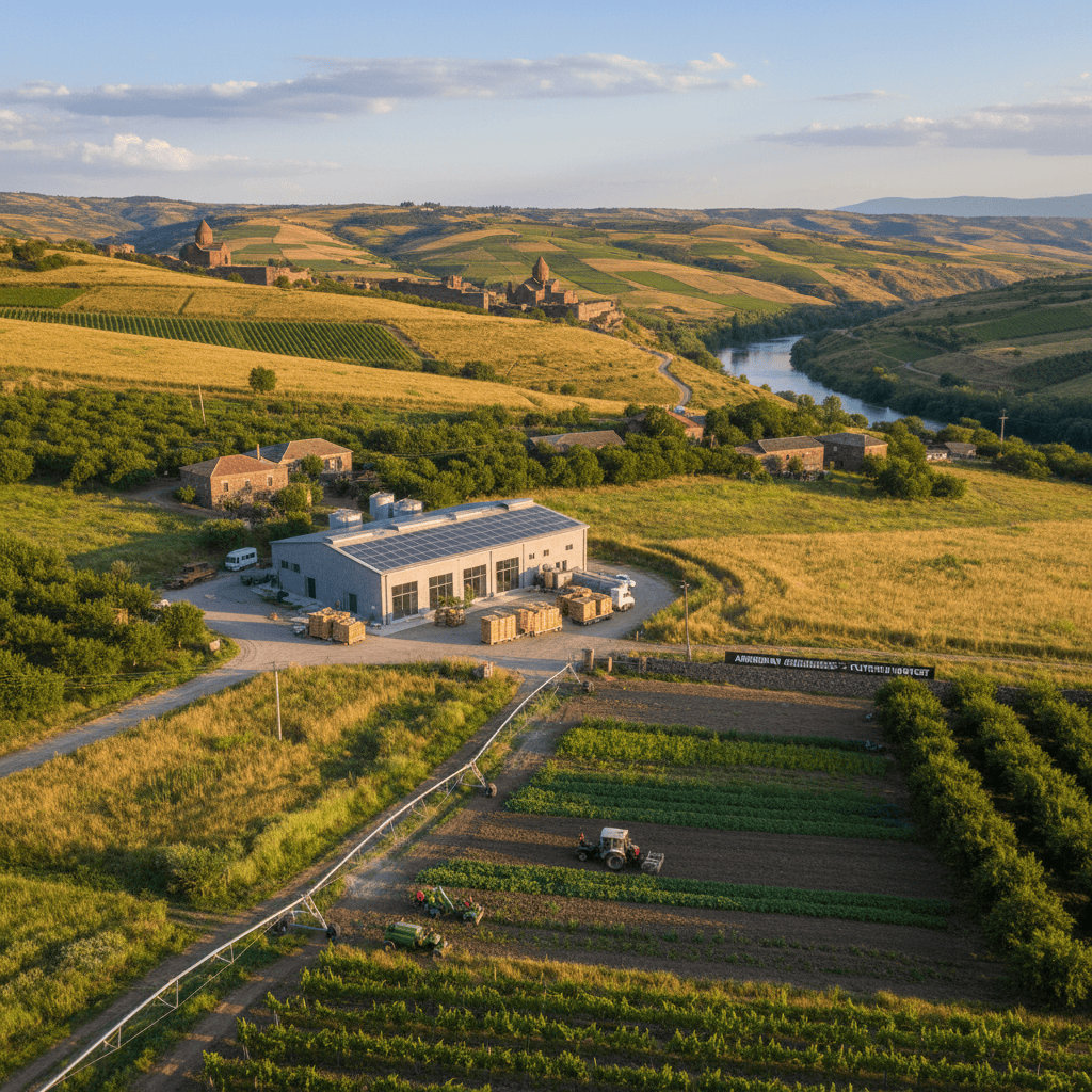 Vista panorámica de las colinas y estructuras históricas de Armenia, destacando los campos agrícolas.