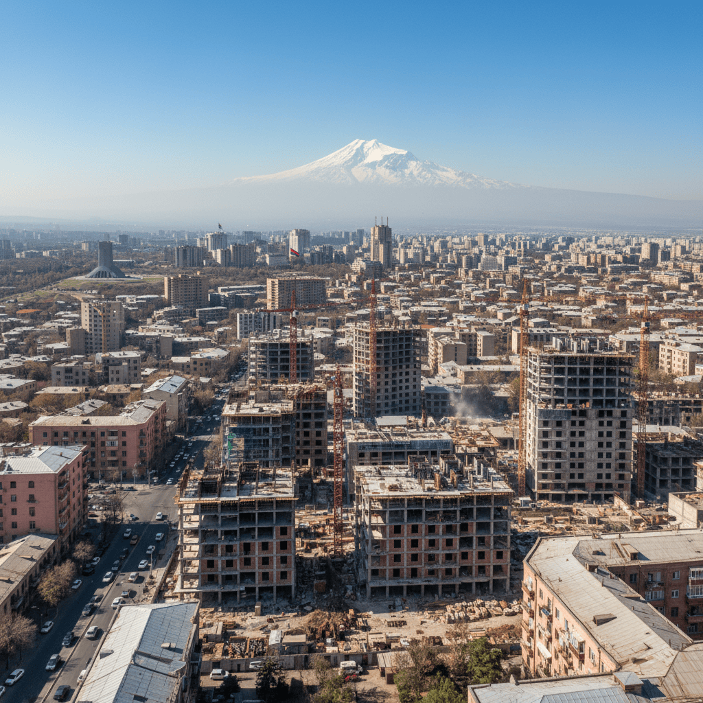Vista panorámica del horizonte de Ereván con grúas y nuevas construcciones.