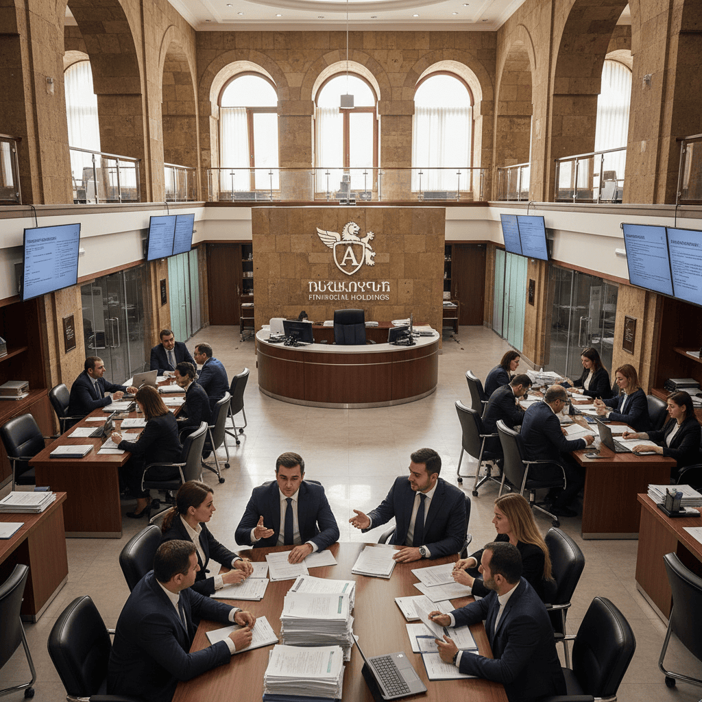 Interior de un banco armenio con profesionales discutiendo documentos de cumplimiento financiero.