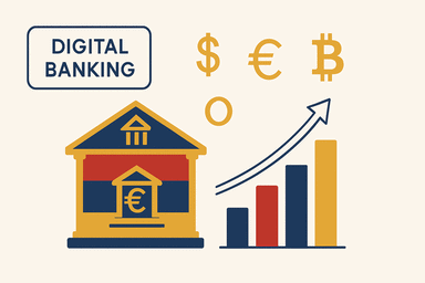 Guía para inversores extranjeros sobre depósitos bancarios armenios que muestra símbolos monetarios y gráficos de crecimiento que representan oportunidades de inversión.