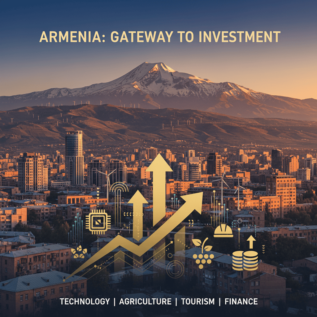 Đường chân trời thành phố Yerevan với những ngọn núi ở phía sau, tượng trưng cho bối cảnh kinh tế của Armenia.