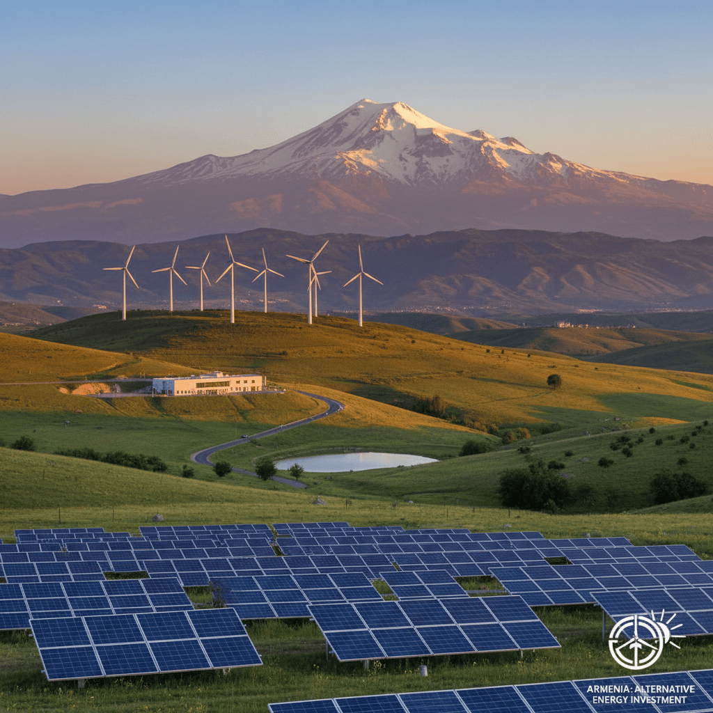 Bentang alam yang menampilkan turbin angin dan panel surya di Armenia dengan pegunungan di latar belakang.