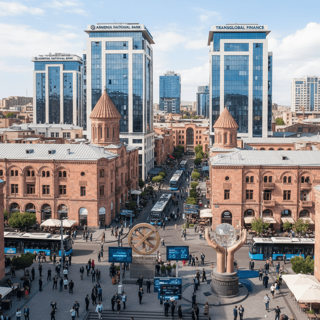 Movimentada rua financeira armênia com bancos modernos e arquitetura tradicional.