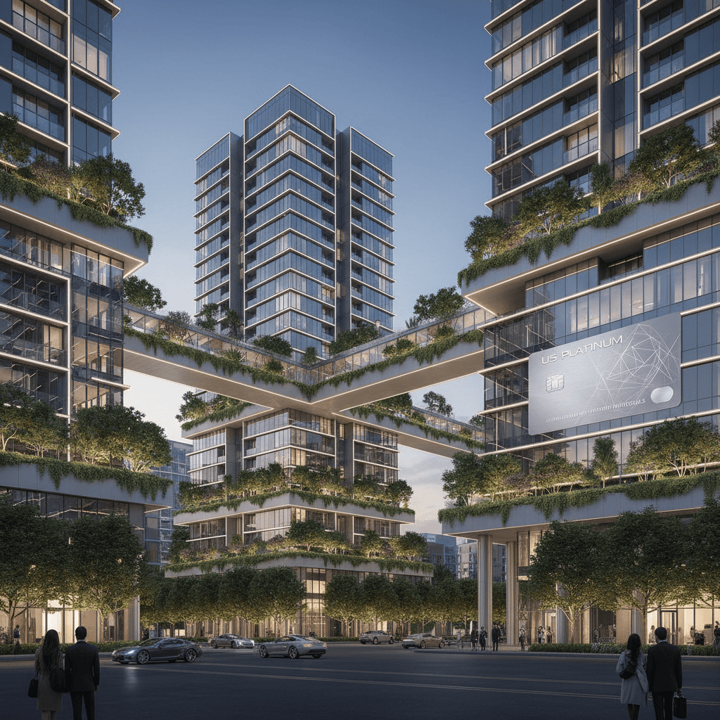 Residências de luxo em uma paisagem urbana com muito verde.