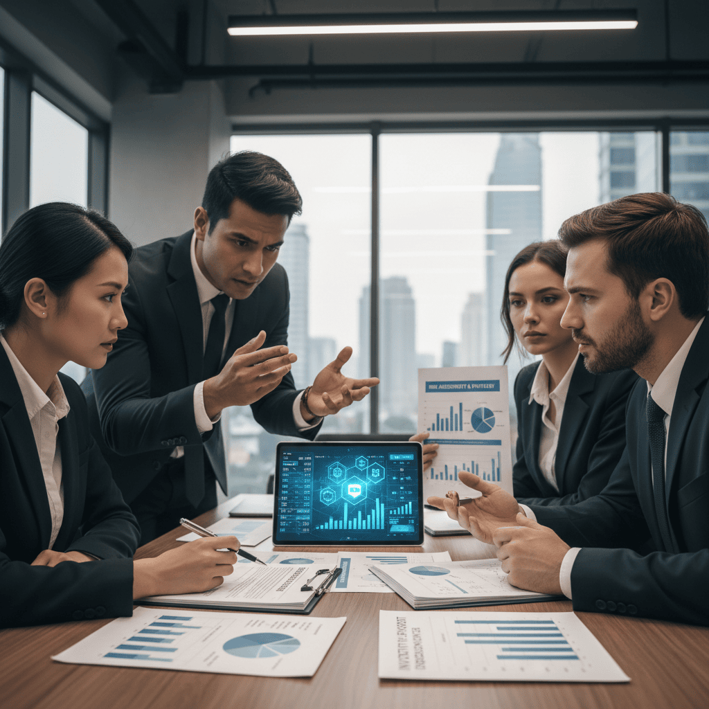 Бизнесмены обсуждают стратегии инвестиционной миграции в современном офисе.