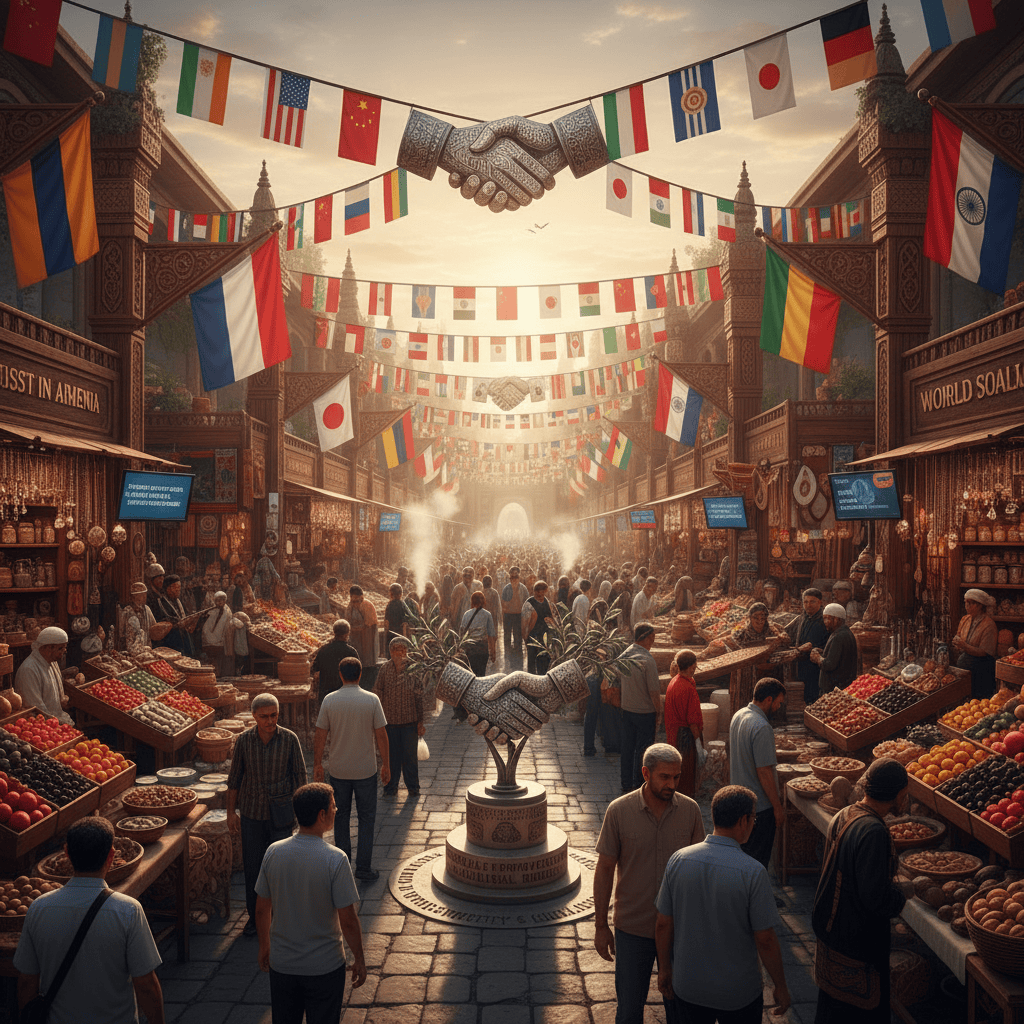 Vibrant Armenian marketplace with various vendors and international flags.