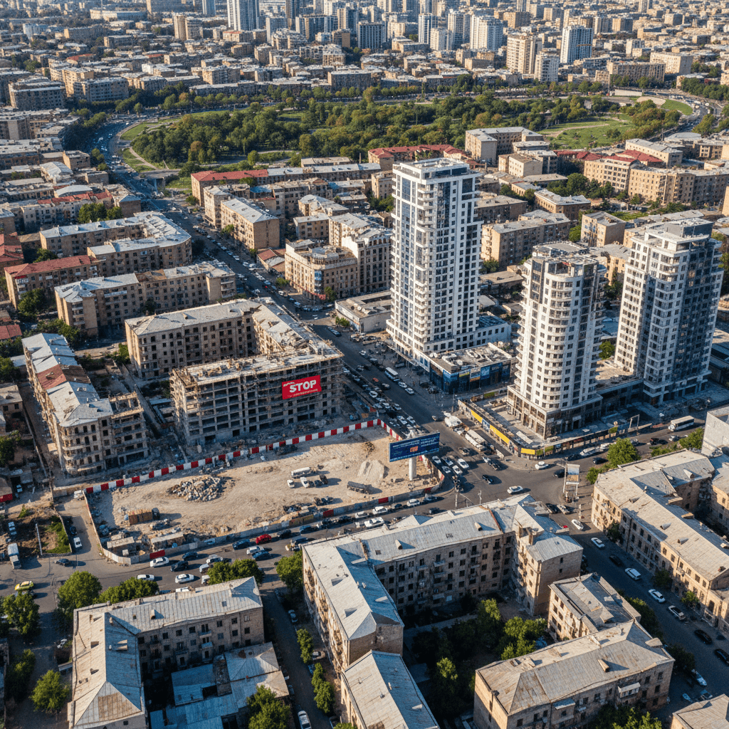 亚美尼亚多样化城市景观的鸟瞰图，其中有各种类型的房产。