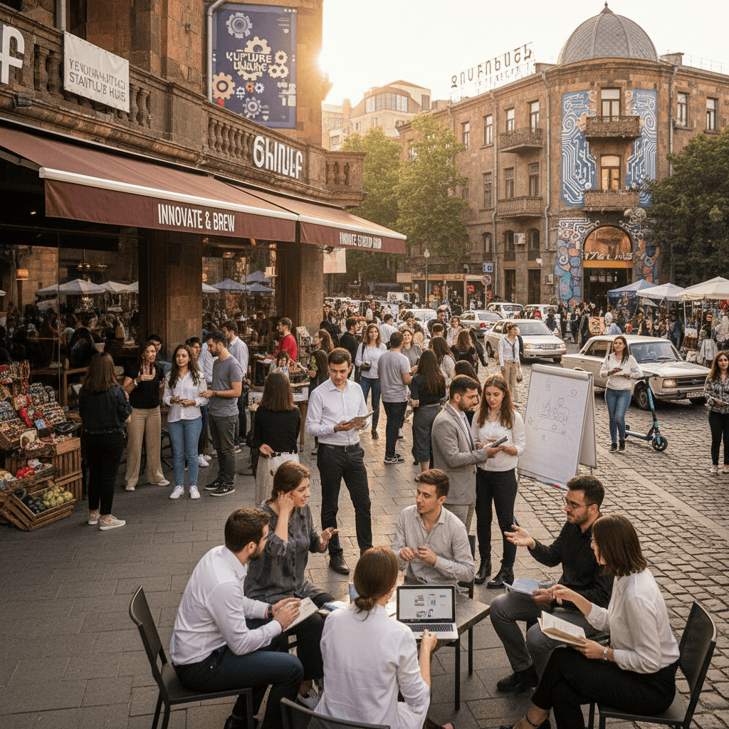 Ettevõtjad arutavad Armeenia tänavakohvikus äriplaane, taustal kohalik arhitektuur.