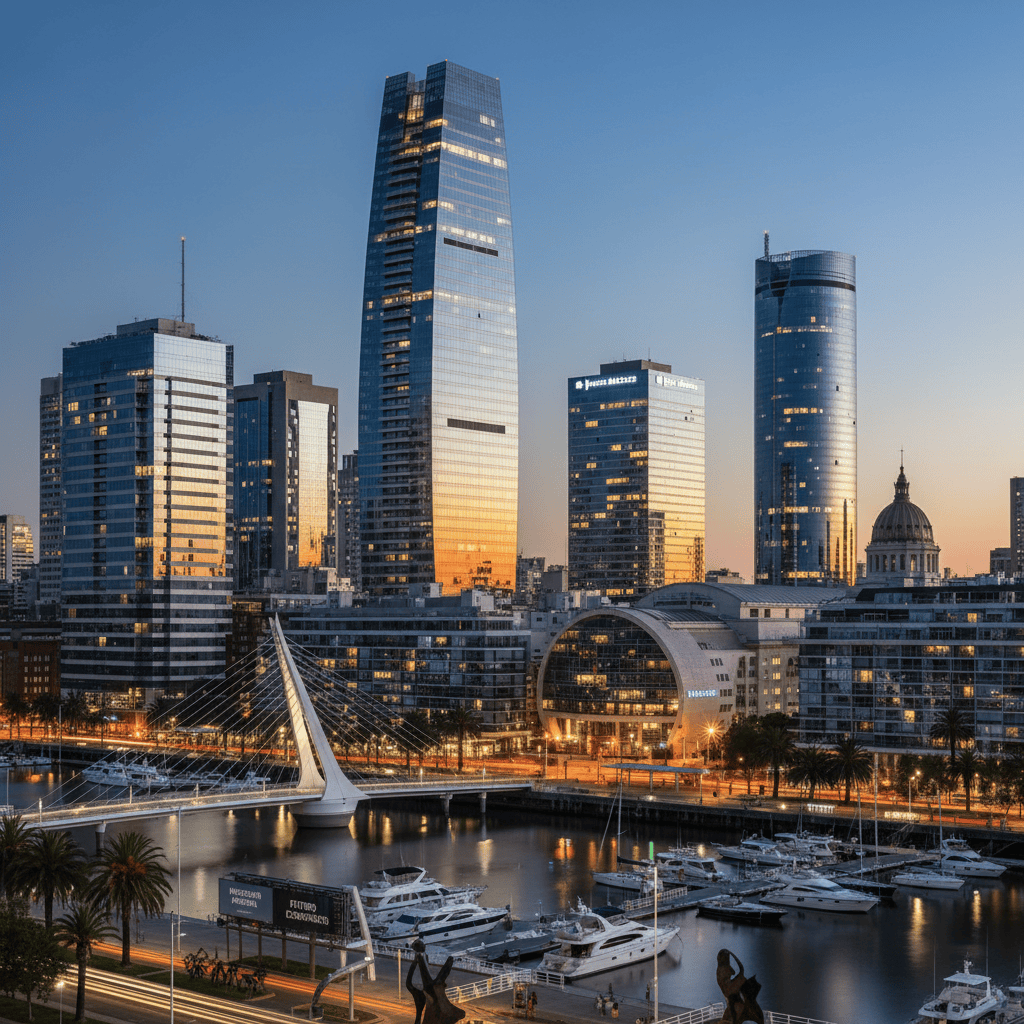 Moodne linna siluett Argentinas koos tähelepanuväärsete hoonetega.