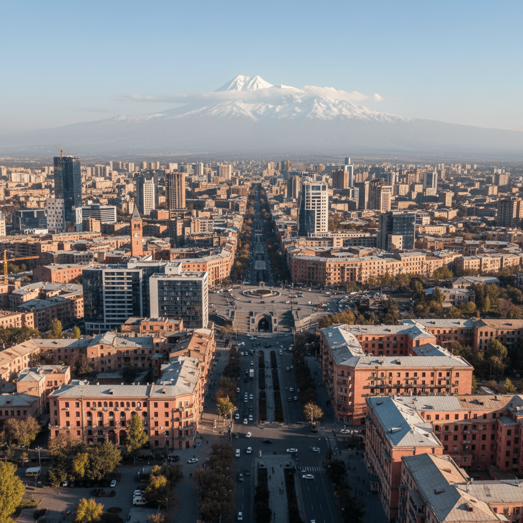 Panoramic view of Yerevan with Mount Ararat in the background highlighting the cityscape.