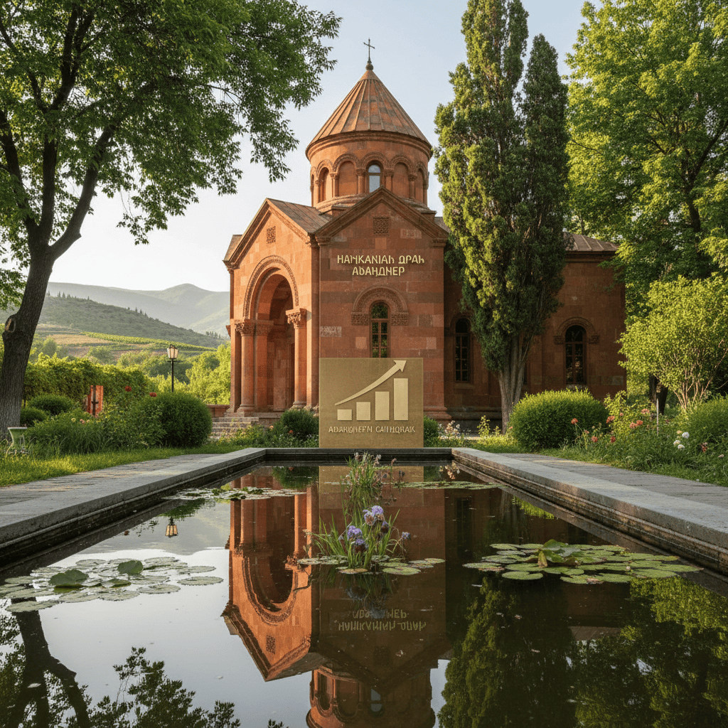 Edificio bancario tradicional armenio en medio de follaje verde, que simboliza la estabilidad financiera.