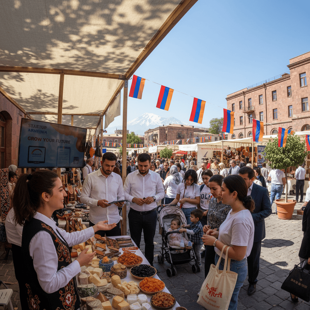 Mercado concurrido en Ereván con gente interactuando y participando en actividades comerciales.