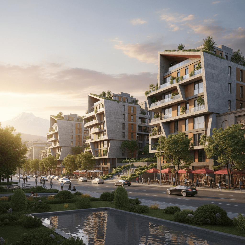 Moderno complejo de apartamentos en Ereván, Armenia, rodeado de vegetación.