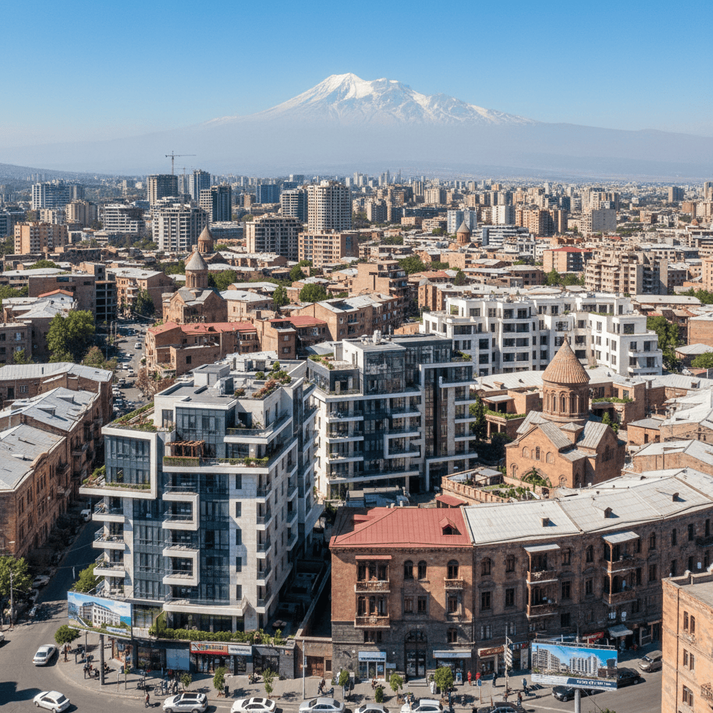 Una mezcla de apartamentos modernos y arquitectura tradicional armenia en un paisaje urbano.