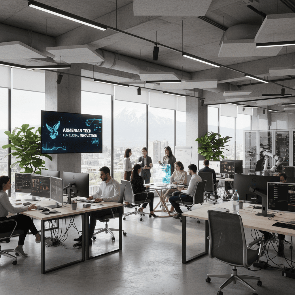 An Armenian high-tech office with diverse professionals collaborating on technology projects.
