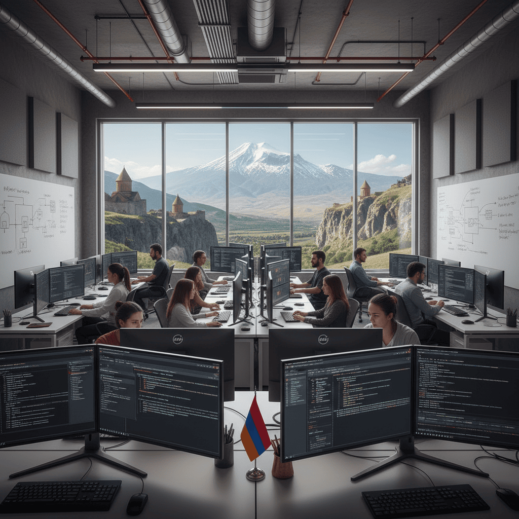 Un espacio de trabajo colaborativo con equipos de TI modernos, que muestra un equipo de tecnología diverso.