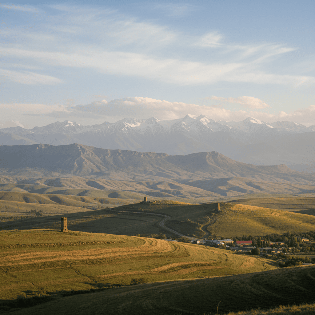 A peaceful Armenian landscape with rolling hills and mountains, representing stability and preparation.