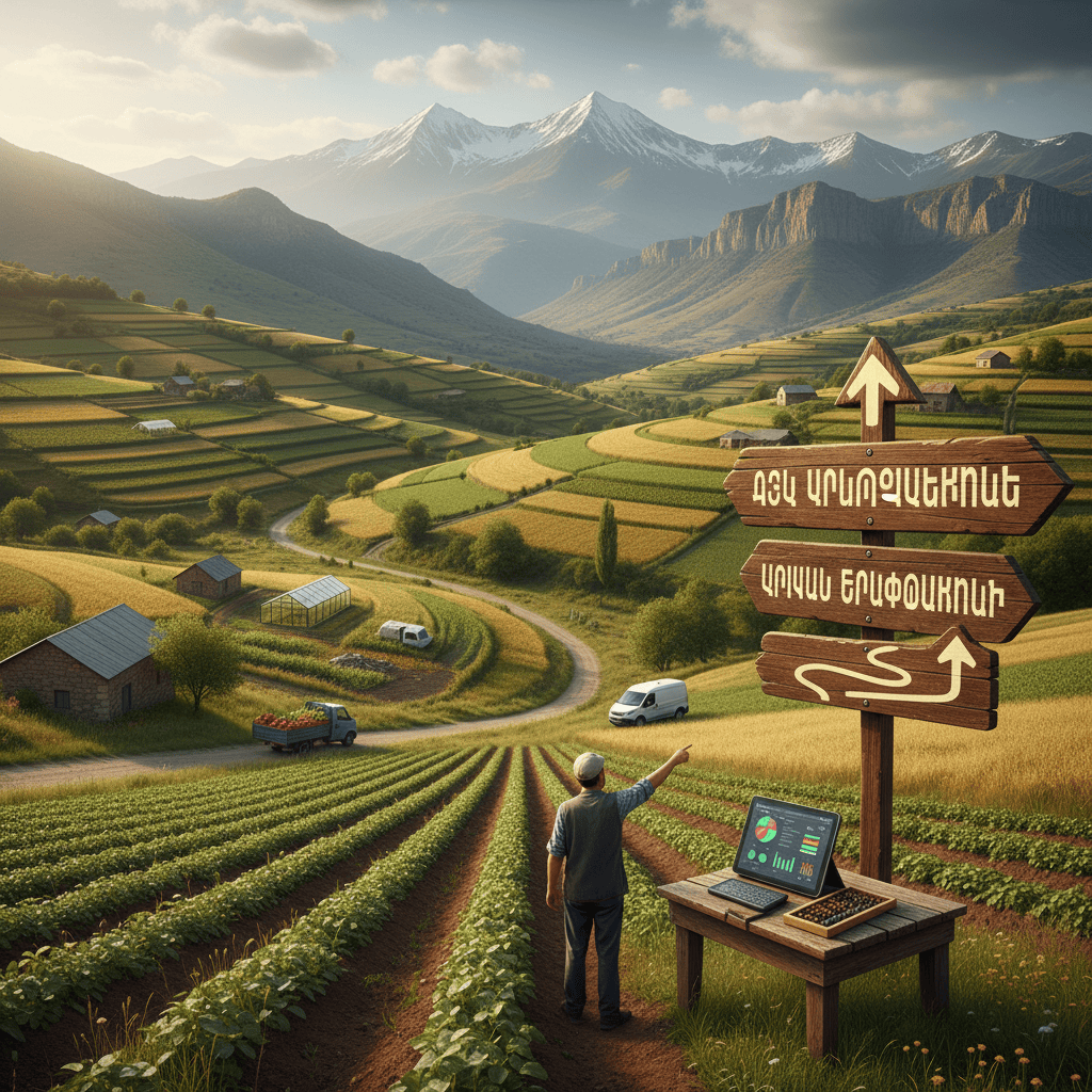 Vista de la campiña armenia con campos y montañas, que refleja oportunidades de crecimiento empresarial.