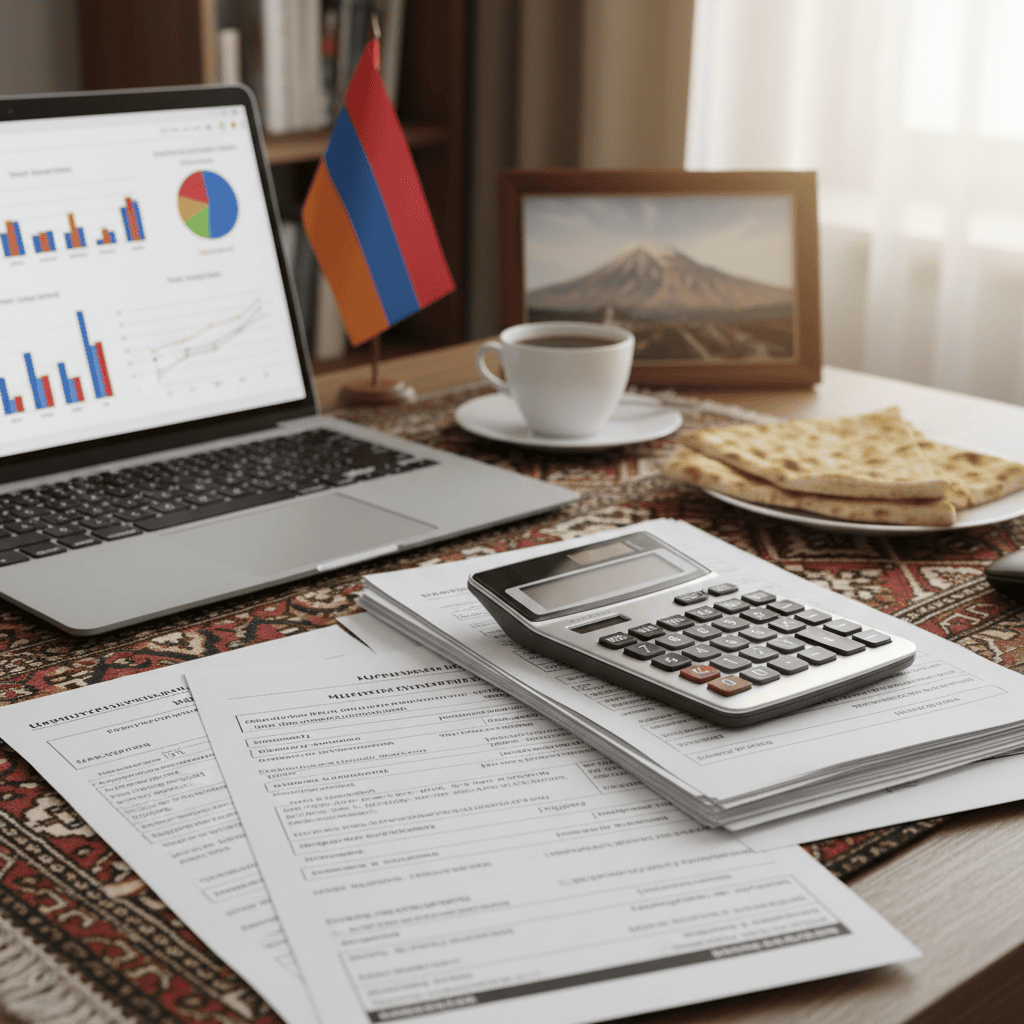 Mesa com documentos financeiros, calculadora e laptop mostrando gráficos de conformidade tributária.