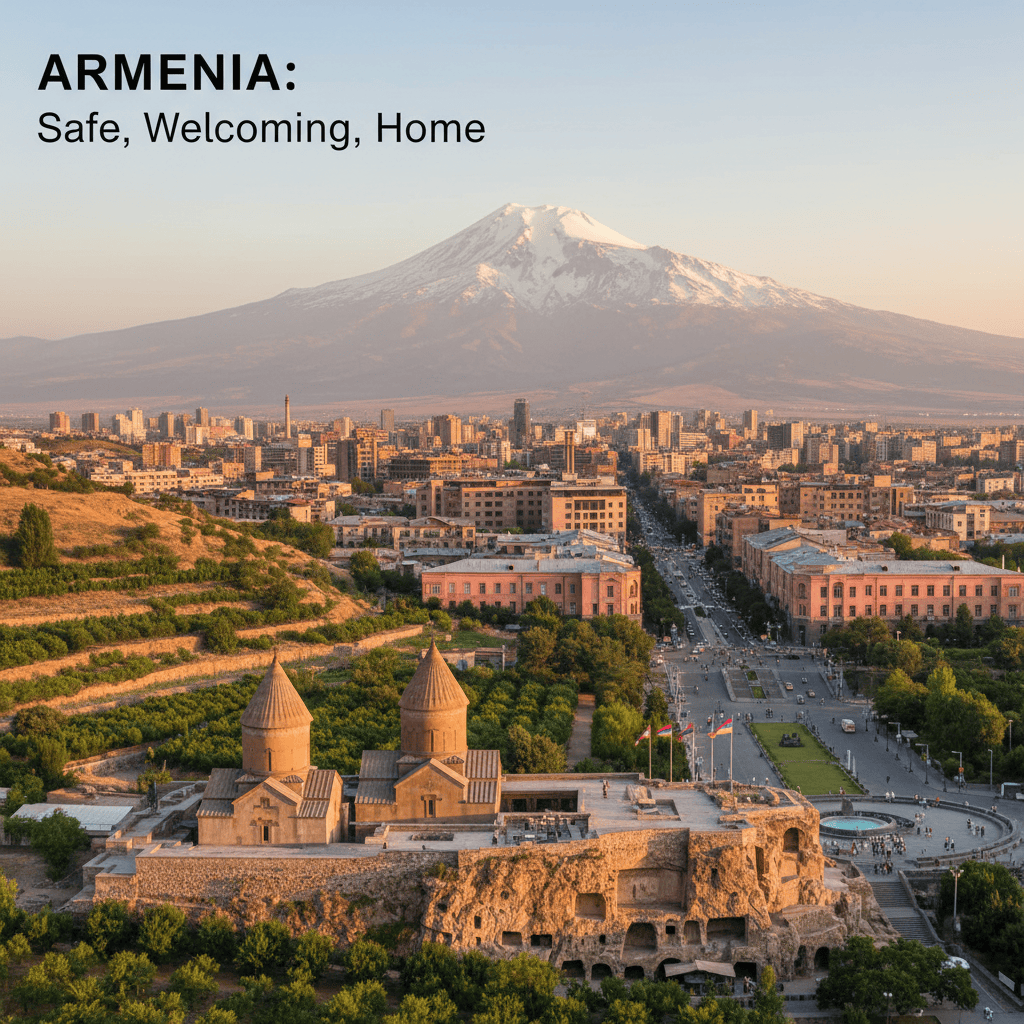 Scenic view of Armenia featuring mountains, historical buildings, and urban landscapes