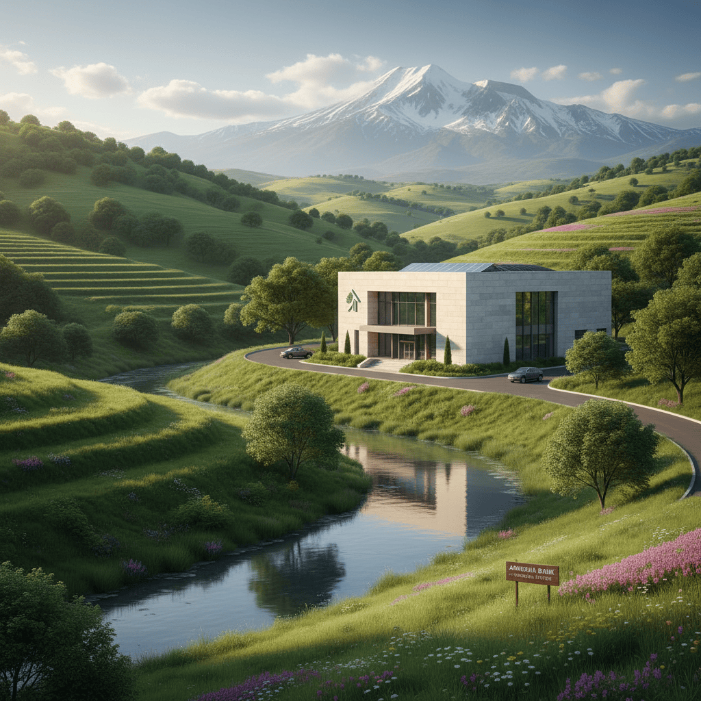 A bank building surrounded by greenery in Armenia, symbolizing financial growth.
