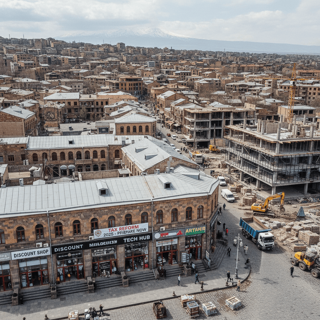 एक अर्मेनियाई शहर में एसएमई का ऊपरी दृश्य, जिसमें खुदरा और निर्माण गतिविधियां शामिल हैं।