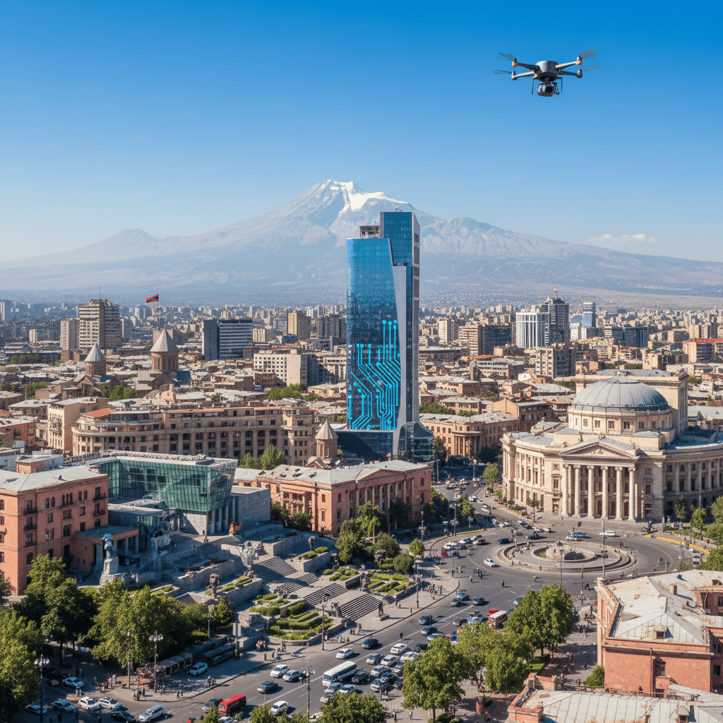 Горизонт Еревана с примечательной архитектурой и современным офисным зданием, олицетворяющим экономический ландшафт Армении.