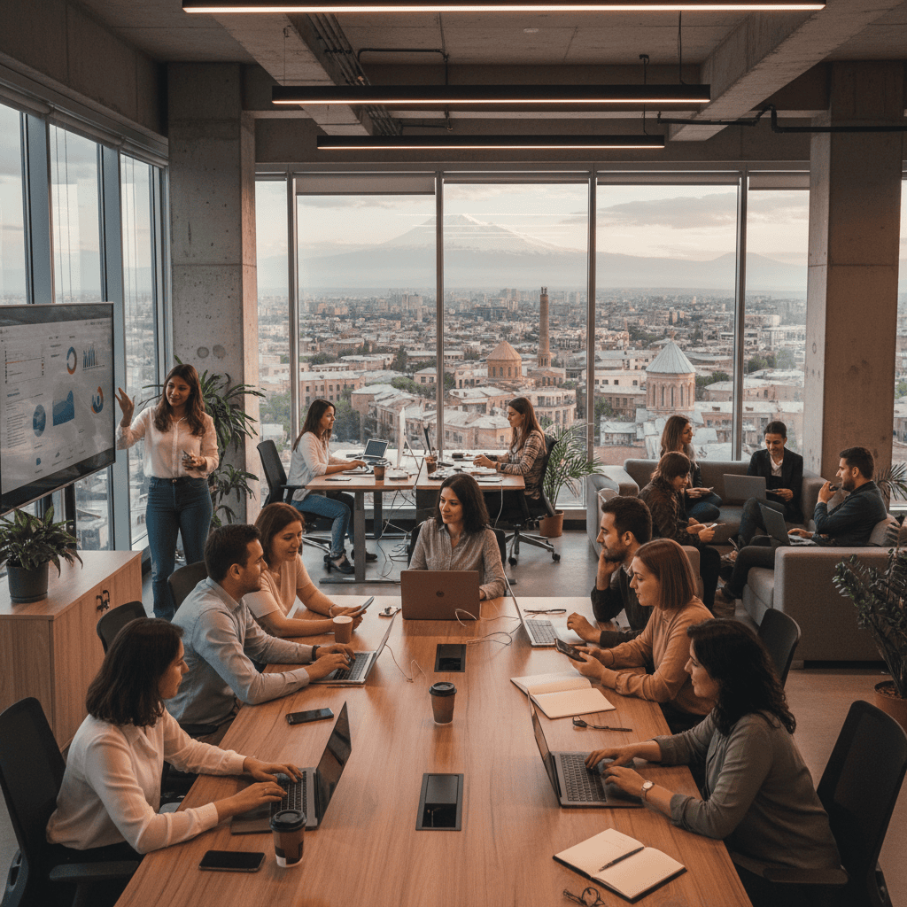 Diverse team working collaboratively in a modern office setting with Armenian city views.