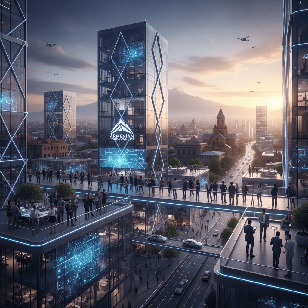 Uma cidade armênia movimentada com escritórios de tecnologia e profissionais colaborando.