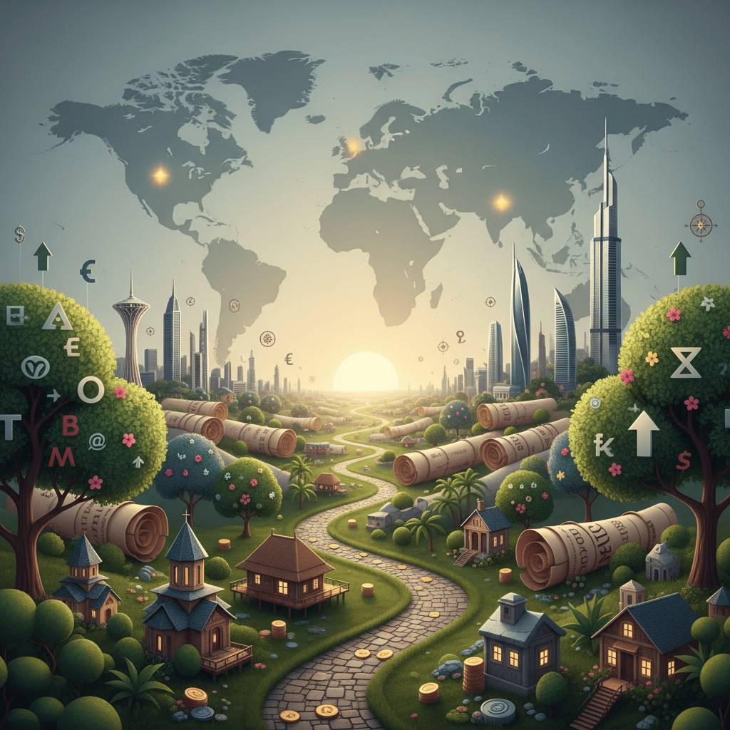 Una gama diversa de símbolos financieros que representan inversiones en diferentes activos, como bienes raíces y acciones.