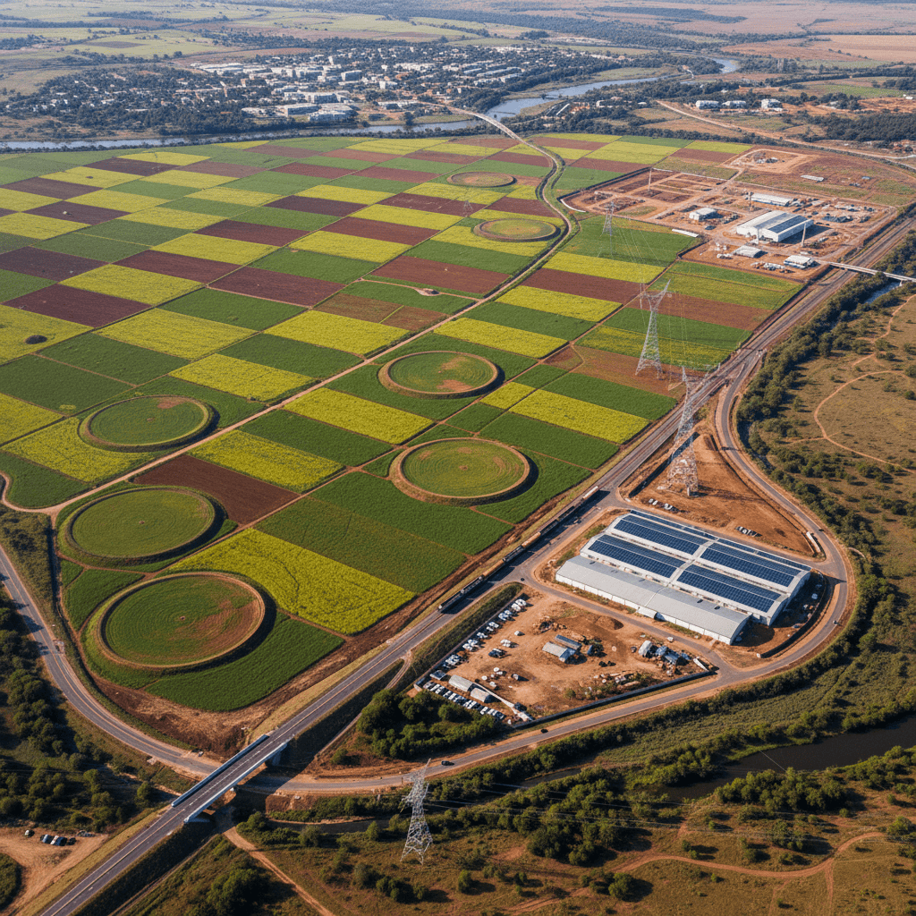 Vista aérea del variado paisaje de Botswana con desarrollo agrícola y de infraestructura.