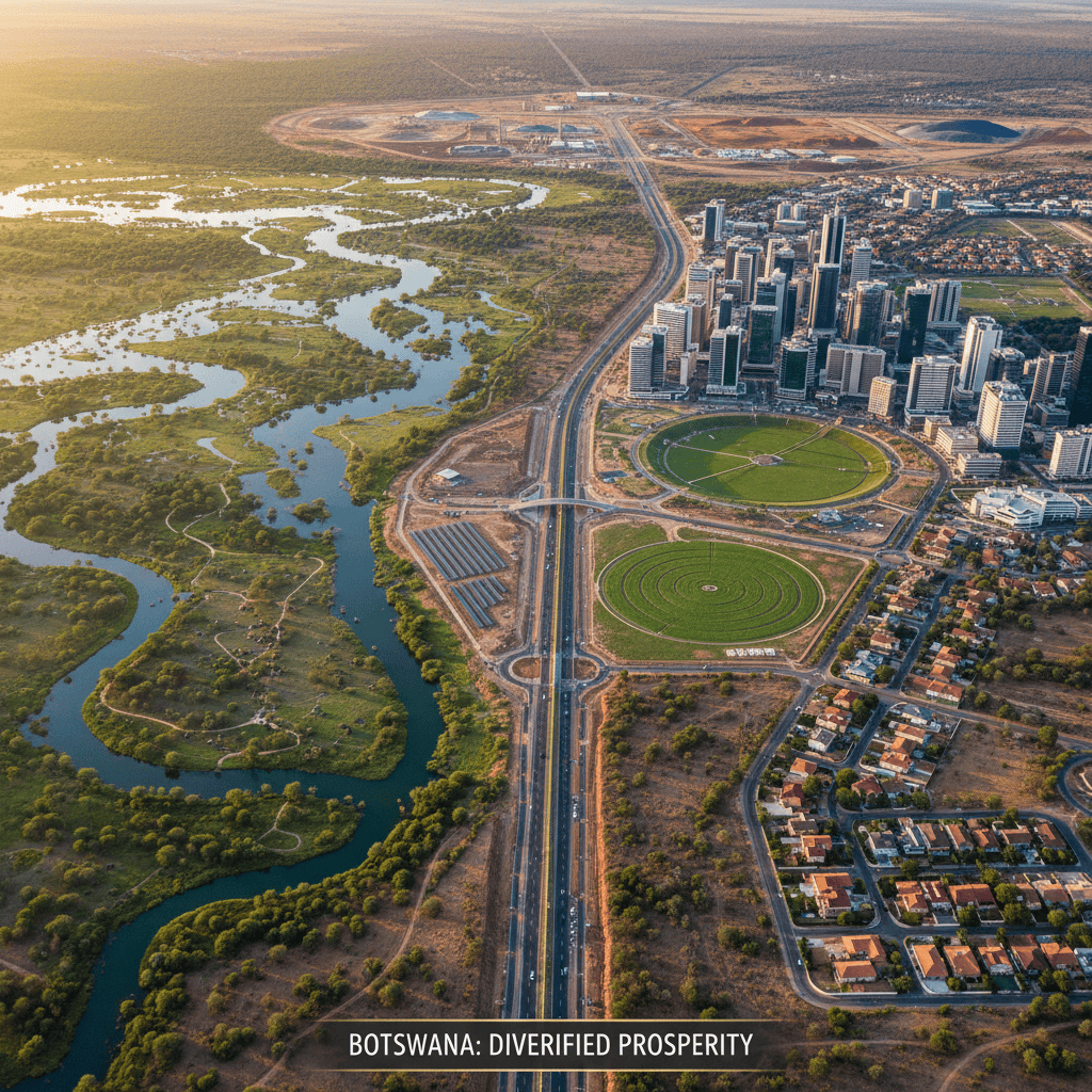 Vista aérea del paisaje de Botswana con una mezcla de entornos urbanos y rurales.