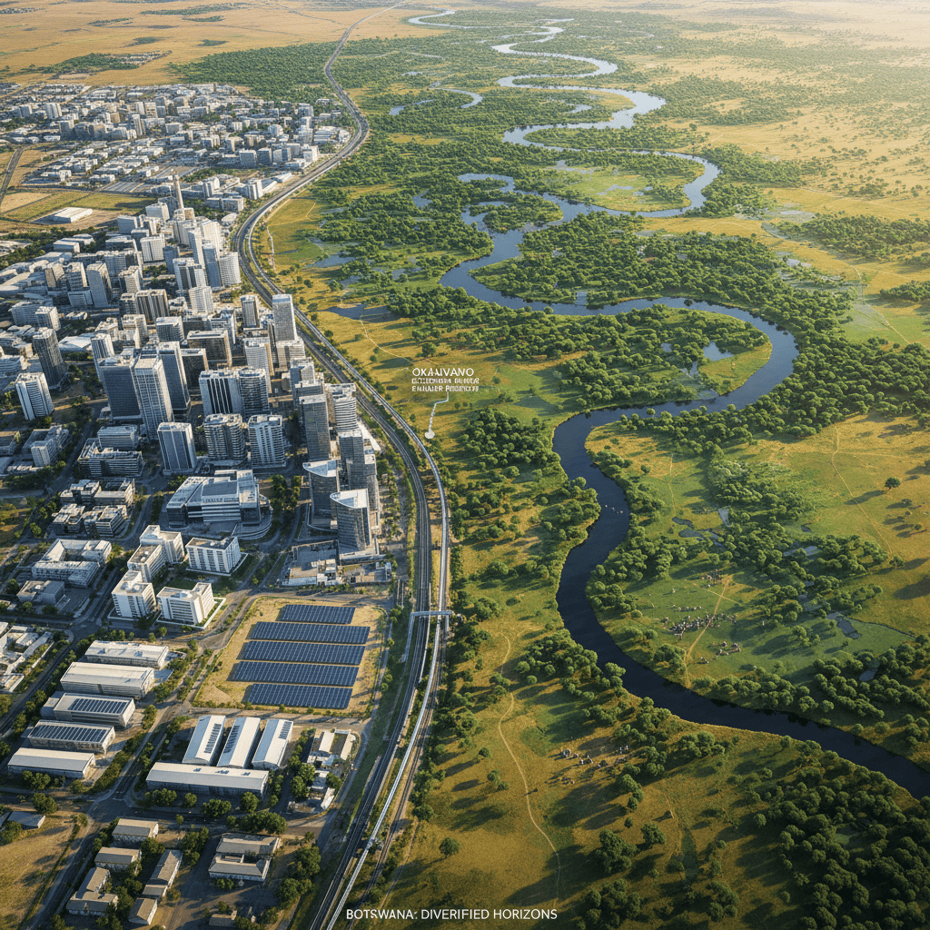 Aerial view of Botswana's landscape combining urban areas with nature.