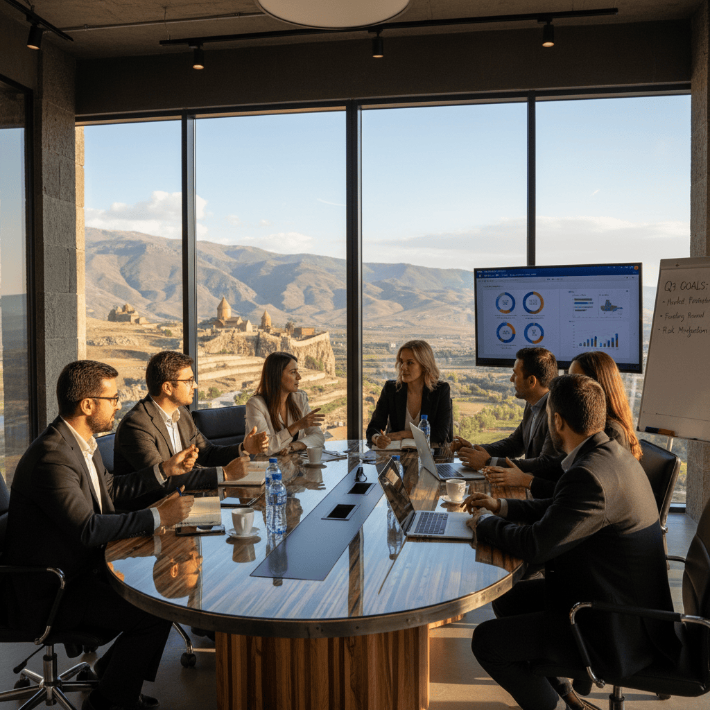 Различные предприниматели провели деловую дискуссию в офисе с видом на Армению.