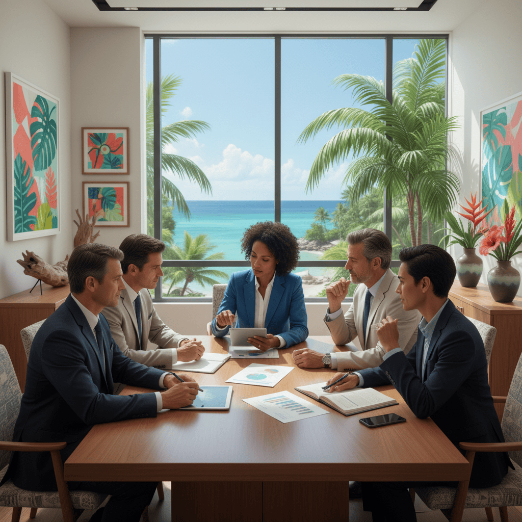 Business professionals in a meeting discussing compliance strategies in a Caribbean-themed office.