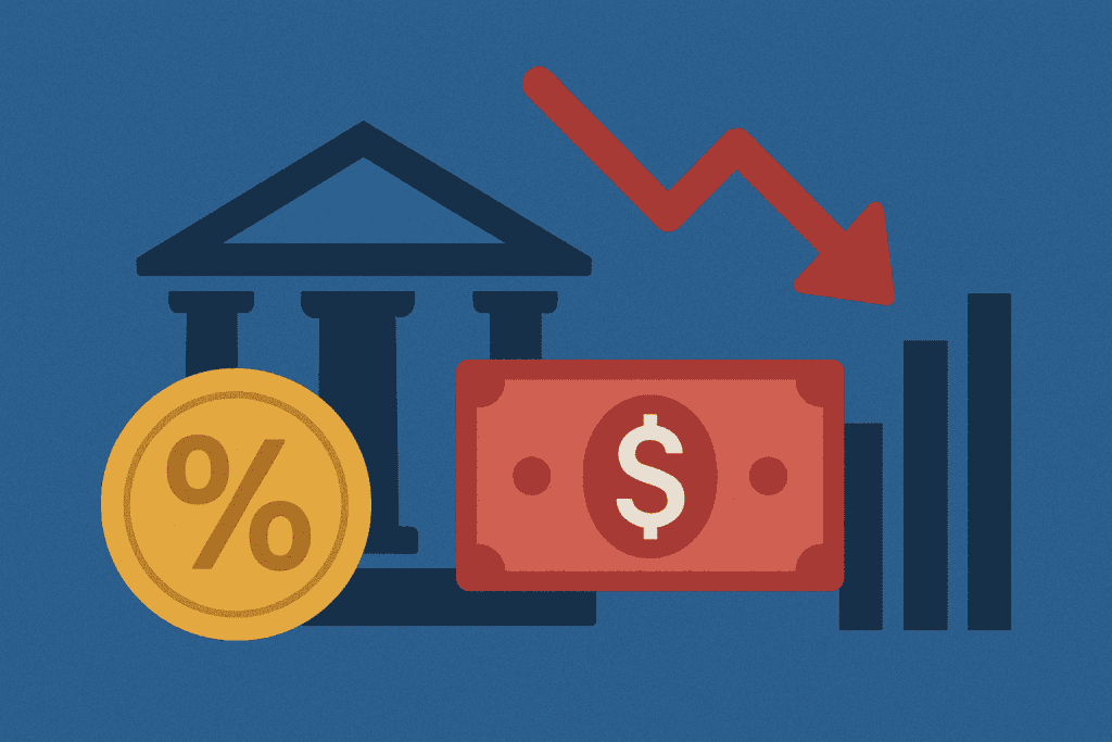 平面设计的金融插图，展示了一座深蓝色的银行大楼、一枚带有百分比符号的金币和一张带有美元符号的红色钞票。