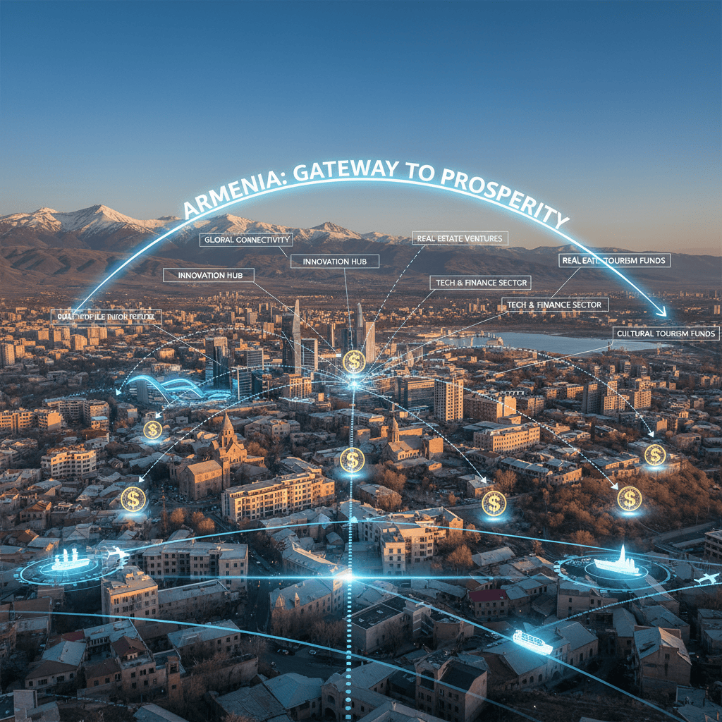 Vista panorâmica de uma paisagem urbana representando oportunidades de investimento na Armênia.