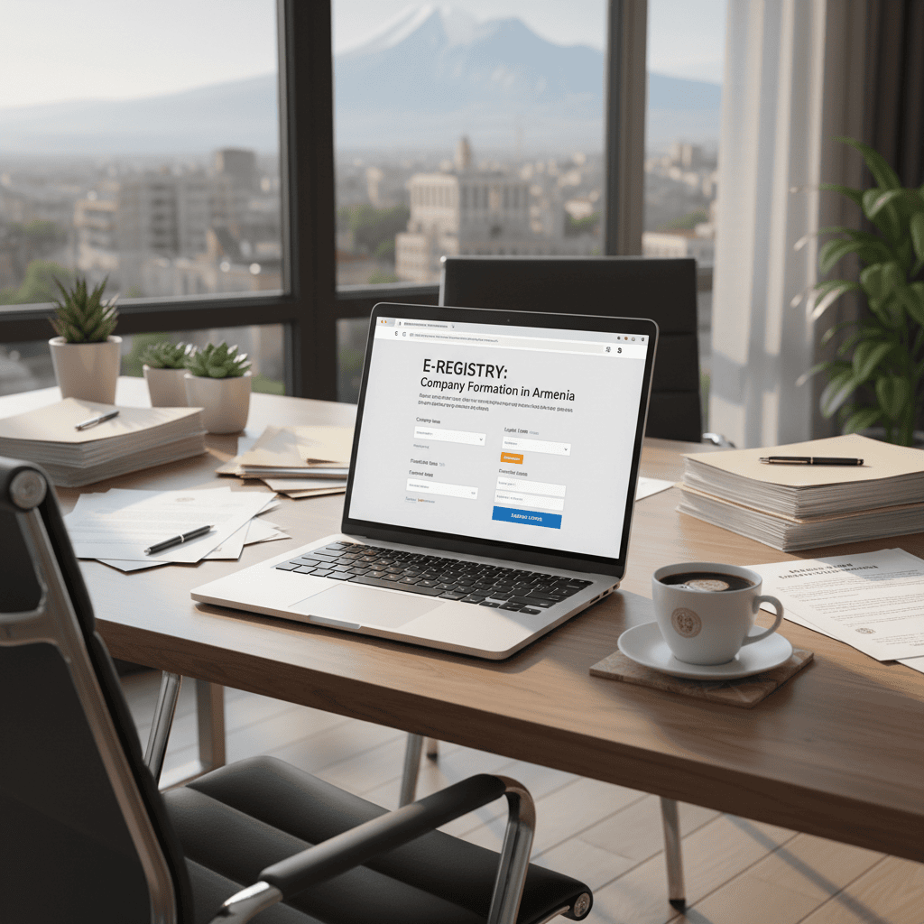 Рабочее место с ноутбуком, на котором отображается сайт регистрации, документами и кофе поблизости.