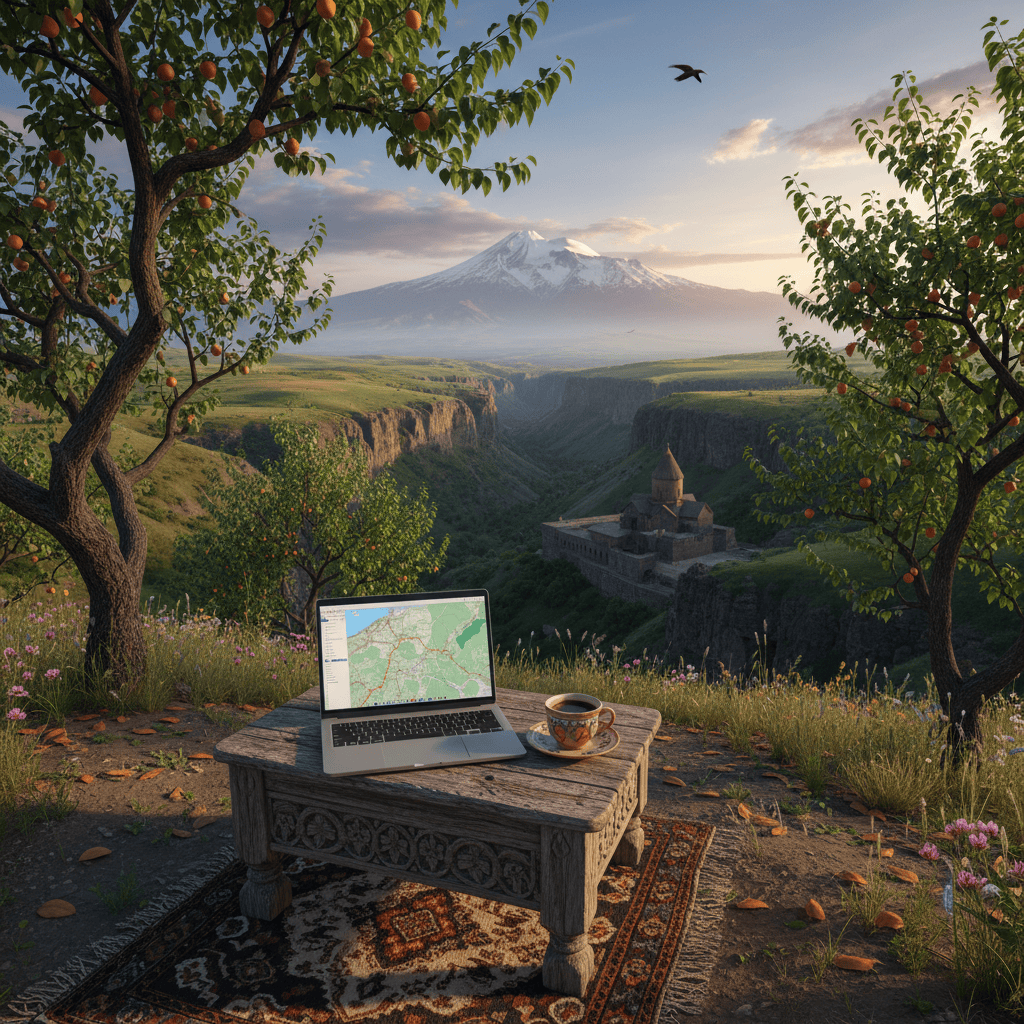 在自然环境中设置带有笔记本电脑和咖啡杯的远程工作区。