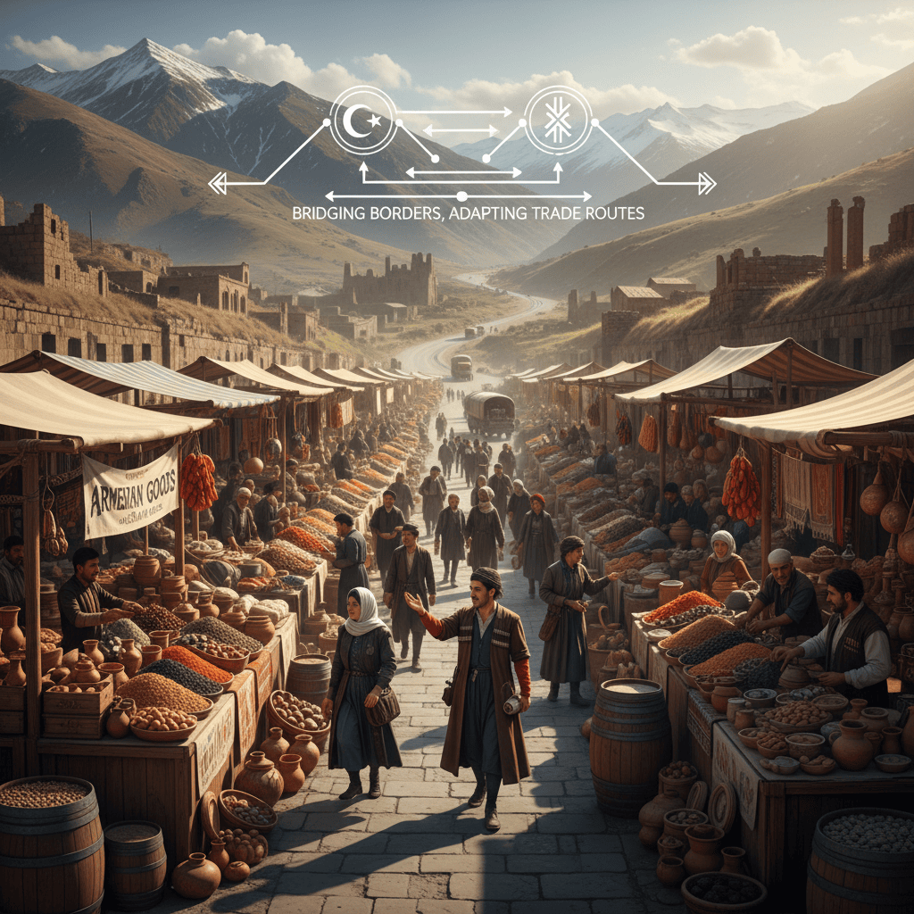 Un vibrante mercado armenio con productos locales y comerciantes interactuando frente a un pintoresco telón de fondo montañoso.