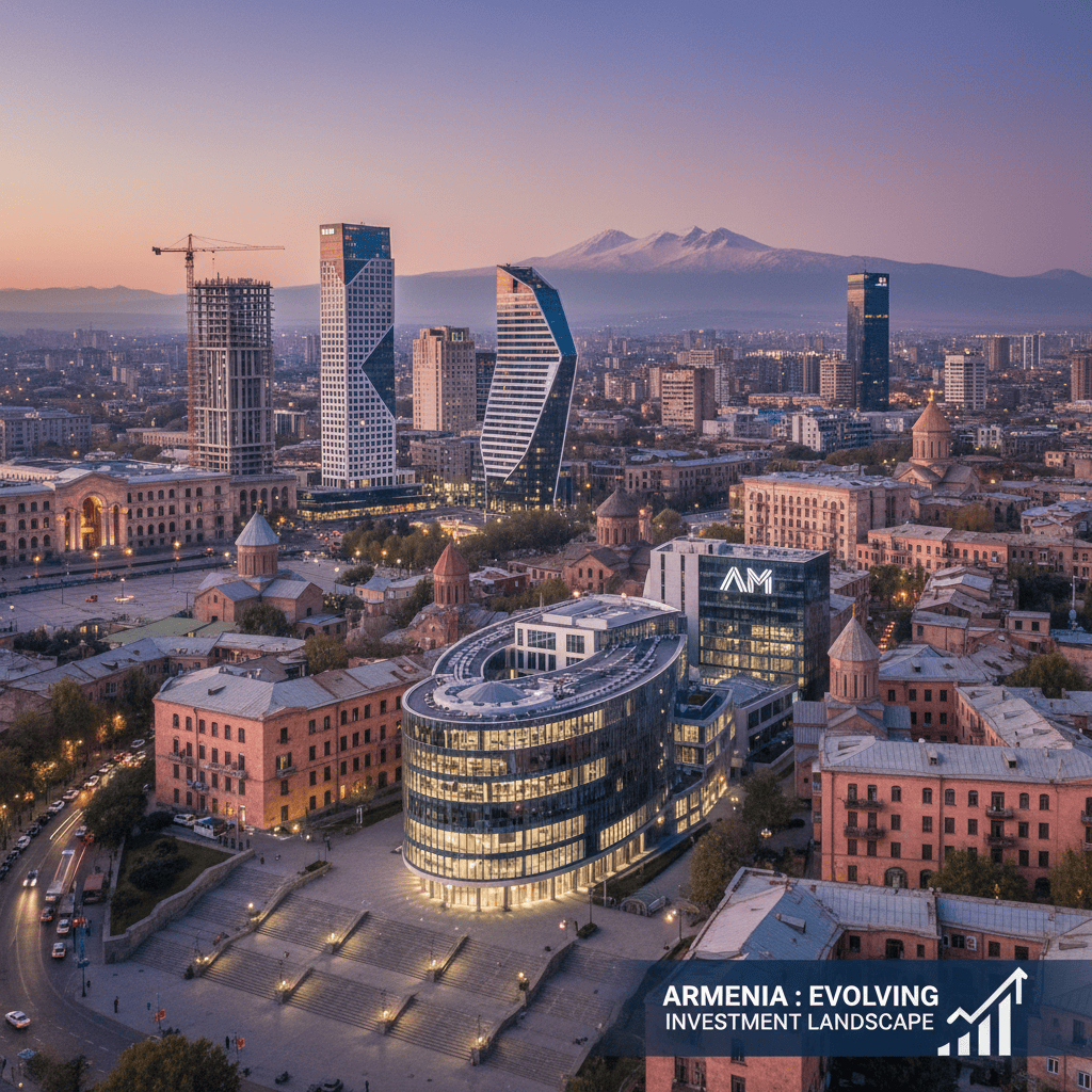 A skyline view of Yerevan, Armenia, with modern and historical buildings.