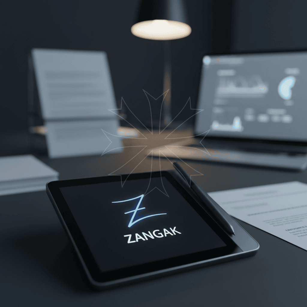 Tableta de firma digital sobre un escritorio con documentos y una computadora portátil a la vista, reflejando los contratos electrónicos en Armenia.