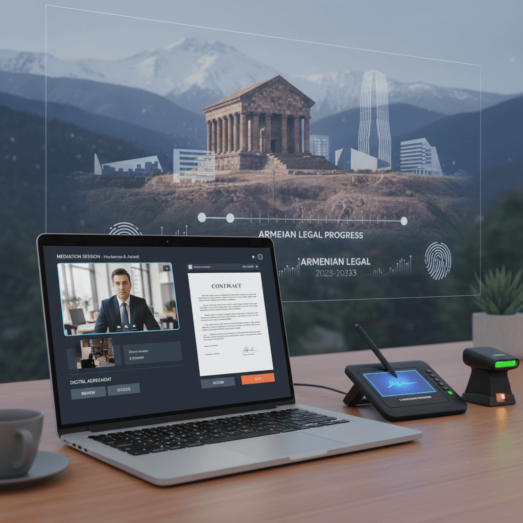 Eine digitale Schnittstelle zur Mediation mit einem elektronischen Unterschriftenpad und einer armenischen Landschaft im Hintergrund.
