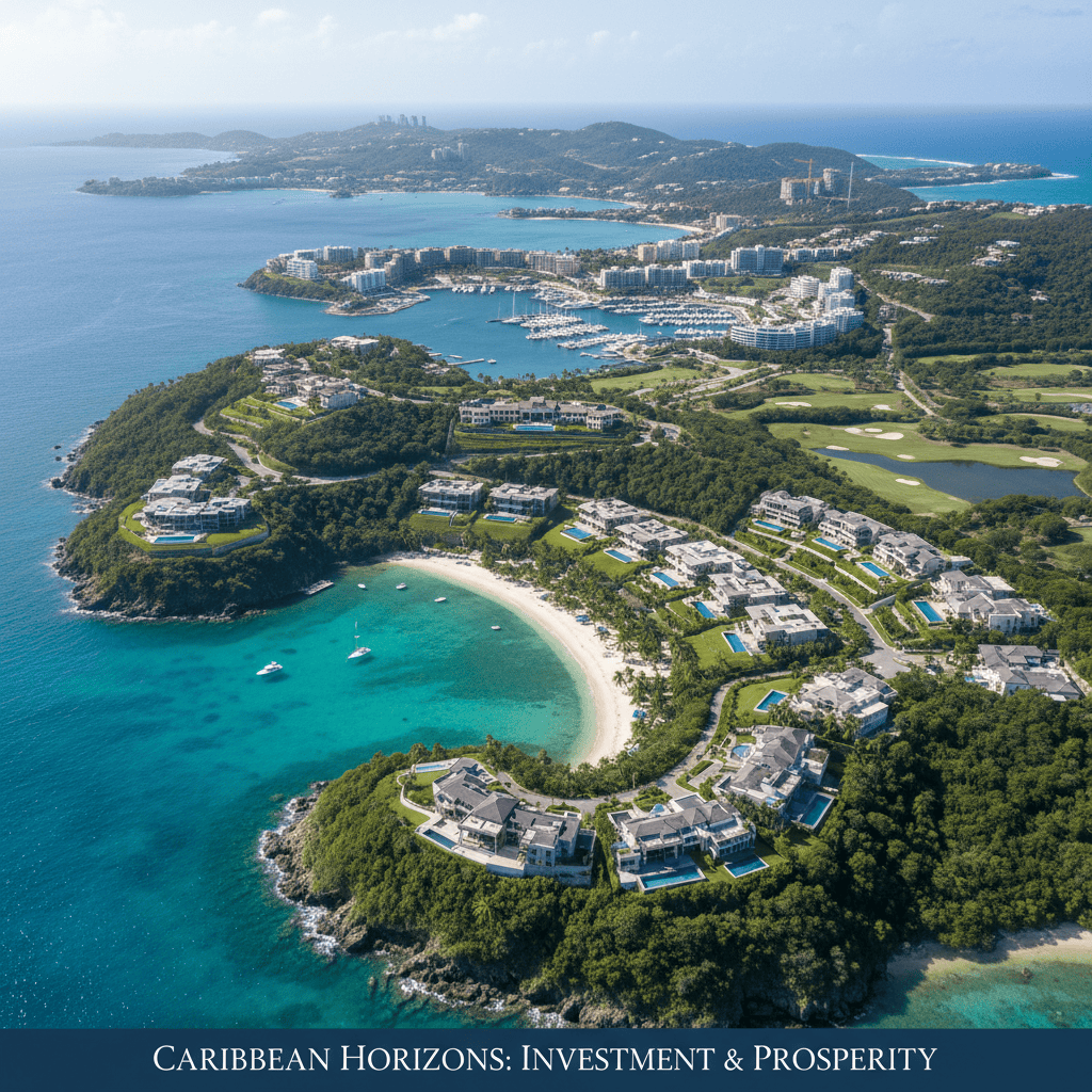 Una pintoresca isla caribeña que muestra exuberantes paisajes y propiedades de lujo.